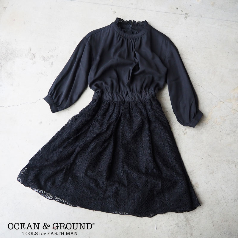 OCEAN&GROUND オーシャンアンドグラウンド キッズ ワンピース セレモニーワンピース 1347601スカートワンピ ギャザーワンピース レース フリル 長袖 ブラック 黒 卒園式 入園式 およばれ 発表会 女の子 女児 子供服 ジュニア 秋冬 可愛い おしゃれ 上品