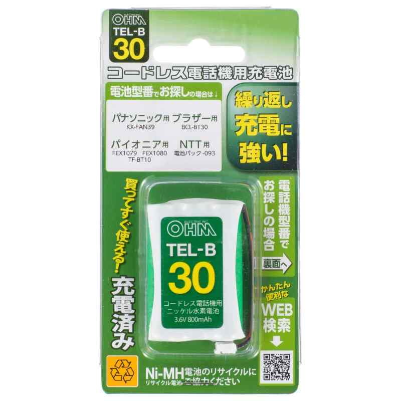 オーム(OHM) コードレス電話機用充電池 オーム電機 TEL-B30 05-0030【 特 長 】● コードレス電話機用の充電式ニッケル水素電池● 充電済みなので、買ってすぐに使えます● くり返し充電に強く、約1000回の使用が可能● 過電流が流れるのを防止する安全装置内蔵● 資源としてリサイクルできる環境にやさしい充電池です（有害物質のカドミウムを含んでおりません）【 仕 様 】 定格電圧：3.6V 定格容量：800mAh 使用温度範囲：機器使用…0℃～45℃、充電…10℃～35℃、保存…-20℃～35℃ 純正品型番： パナソニック…KX-FAN39 ブラザー…BCL-BT30 パイオニア…FEX1079、FEX1080、TF-BT10 NTT…電池パック-093 本製品は自然放電抑制処理を施してありますが、保管状態等によってはご使用前に充電が必要な場合があります複数店舗にて販売をしておりますため、在庫データの更新が間に合わず、欠品にも関わらず、注文ができる場合がございます。その際は、キャンセルにて対応を取らせていただきます。当店はお電話のお問い合わせはお受けしておりませんので、ご了承ください。
