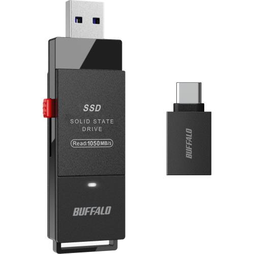 バッファロー SSD 外付け 500GB USB3.2 Gen2 読込速度 1050MB/秒 スティック コンパクト 小型 Type-Cアダプター付属 エコパッケージ SSD-SCH500U3BA/N