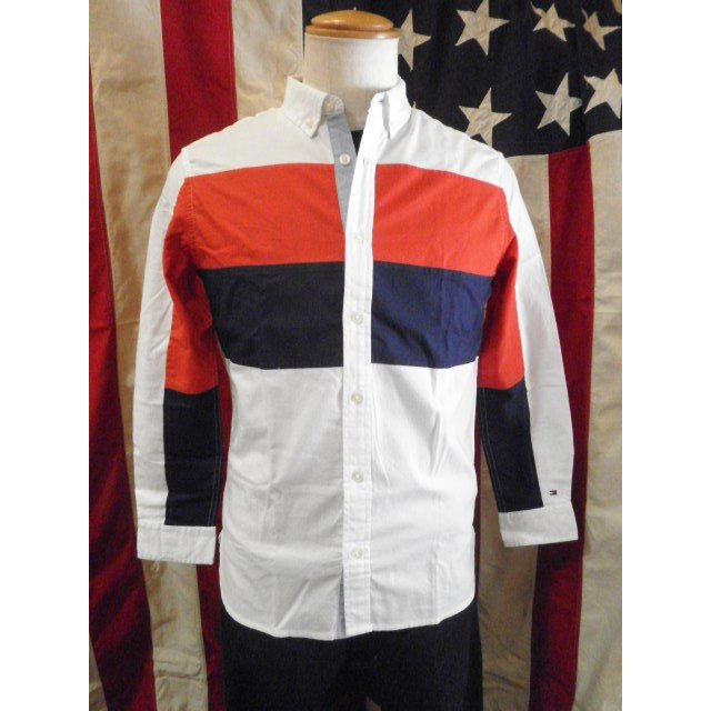 訳あり商品 TOMMY HILFIGER トミーヒルフィガー ボーイズ ボタンダウンシャツ 長袖 トリコロールカラー ロゴ ボーダーライン ヨゴレあり ホワイト...