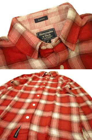 アバクロチェックシャツAbercrombie&Fitchアバクロンビー＆フィッチ裏地チェックビンテージ加工長袖レッド×ホワイトメンズ XSサイズ メール便等ポスト投函送料無料
