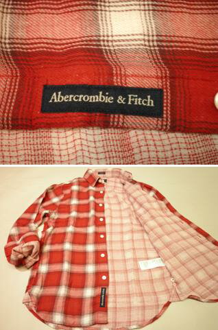アバクロチェックシャツAbercrombie&Fitchアバクロンビー＆フィッチ裏地チェックビンテージ加工長袖レッド×ホワイトメンズ XSサイズ メール便等ポスト投函送料無料