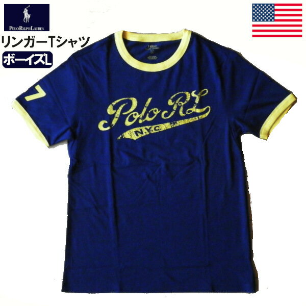 ラルフローレン ボーイズ Tシャツ リンガー カスレプリント NYC 67 RALPH LAUREN Boys 半袖 アウトレット品 ネイビー×イエロー キッズ Boy's Lサイズ[14-16] 160 メンズSサイズ相当 レディース兼用 メール便ネコポスPOST投函送料無料