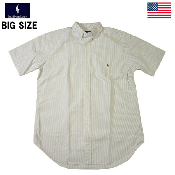 訳あり商品 ラルフローレンオックスフォードシャツRALPH LAUREN半袖 ストライプボタンダウンマルチポニーワンポイントホワイト×ブルーメンズBig&Tal...
