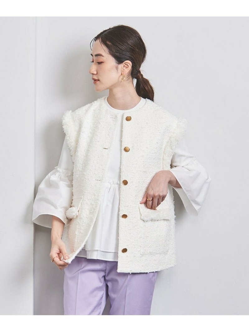 【SALE／50%OFF】ファンシーツイード ノーカラー ベスト UNITED ARROWS ユナイテッドアローズ アウトレット トップス ベスト・ジレ ホワイト ネイビー【RBA_E】【送料無料】[Rakuten Fashion]のサムネイル