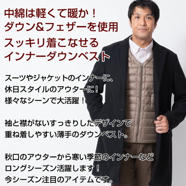 インナーベスト メンズ ダウン フェザー ダウンベスト オフィス ビジネス アウター カジュアル 前開きファスナー 軽量 防風 撥水 アウトドア 320456 送料無料〈ゆうパケット〉