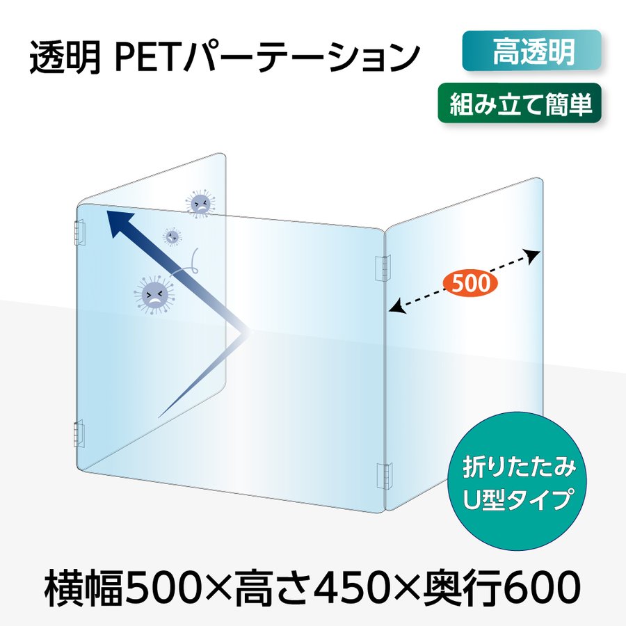 U字型 透明 PETパーテーション 横幅500mm×高さ450mm×奥行600mm 板厚2mm 折り畳み 3面タイプ コの字 透明パーテーション 仕切り板 卓上 受付 衝立 間仕切り アクリルパネル 飲食店 オフィス 会社 学校 塾 病院 薬局 飲食店 送料無料 pet2-u5060