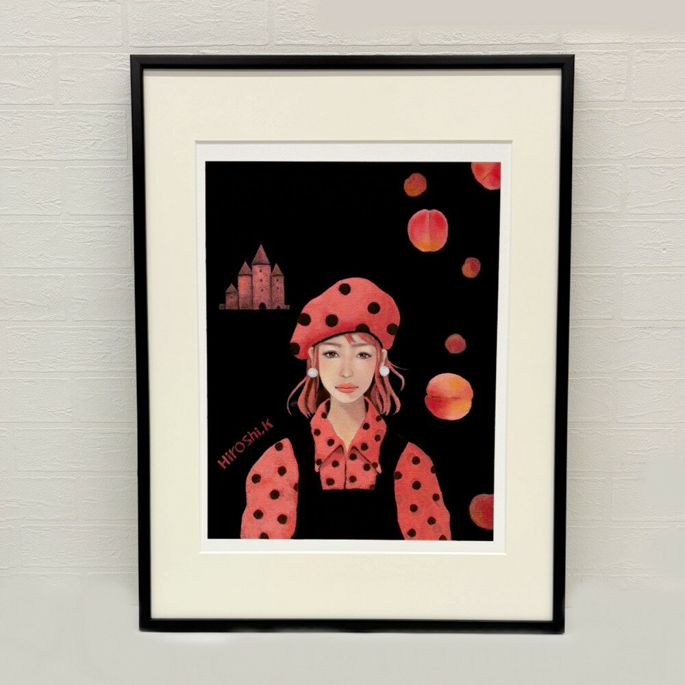 Rakuten - F6 絵画 フレーム付き ピーチな気分 版画 桃 夜 ドット柄 かわいい アート インテリア アート プレゼント