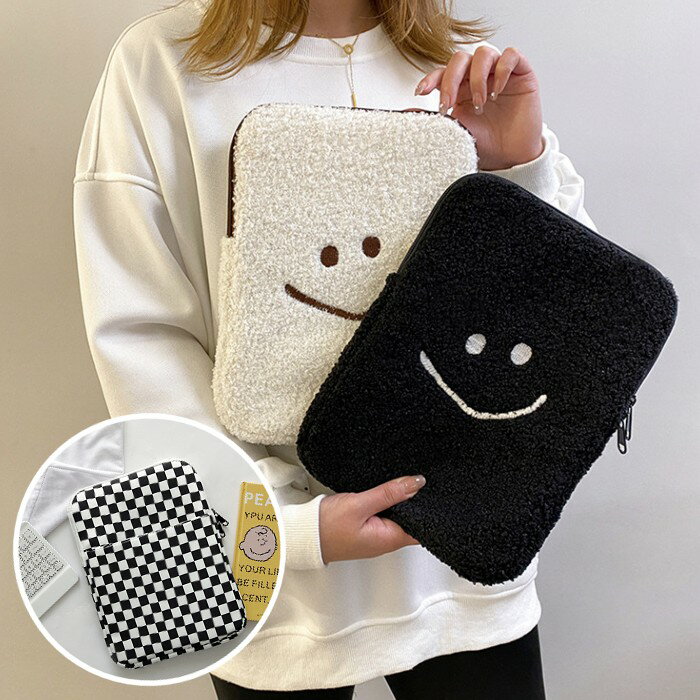 11インチ タブレットケース スマイリー 市松模様 チェック もこもこ かわいい おしゃれ PCバック タブレット パソコン ノートパソコン ケース