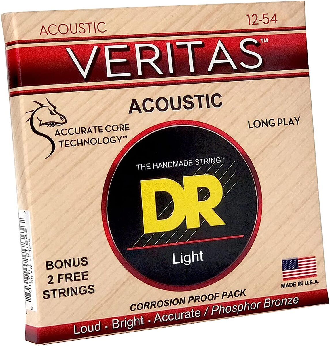 DR アコギ弦 VERITAS フォスファーブロンズ .012-.054 VTA-12 VERITAS フォスファーブロンズ 素晴らしいサウンドです。 ベリタスNAMM SHOW 2016にて発表になったDR Stringsによる待望の新シリーズのアコースティック弦VERITASをリリース致します。VERITASはDR独自の技術Accurate Core Technology (ACT)でコア材を極限まで研磨し、独自配合のフォスファーブロンズをハンドワウンドした今までにない新しいアコースティック弦です。コア表面を均一にすることでよりタイトにワウンドすることが可能になり、汚れや汗の侵入を阻止。また、より自然な振動を実現。これによりアンコーティングながら長寿命で、タッチレスポンスがよく、ダイナミックなサウンドから、繊細なプレイニュアンスまで表現でき、分離のよいサウンドを実現 また、変速チューニングでも驚くほどピッチが安定する弦に仕上がりました。 VTA-12 Light 12-16-24-32-42-54 2