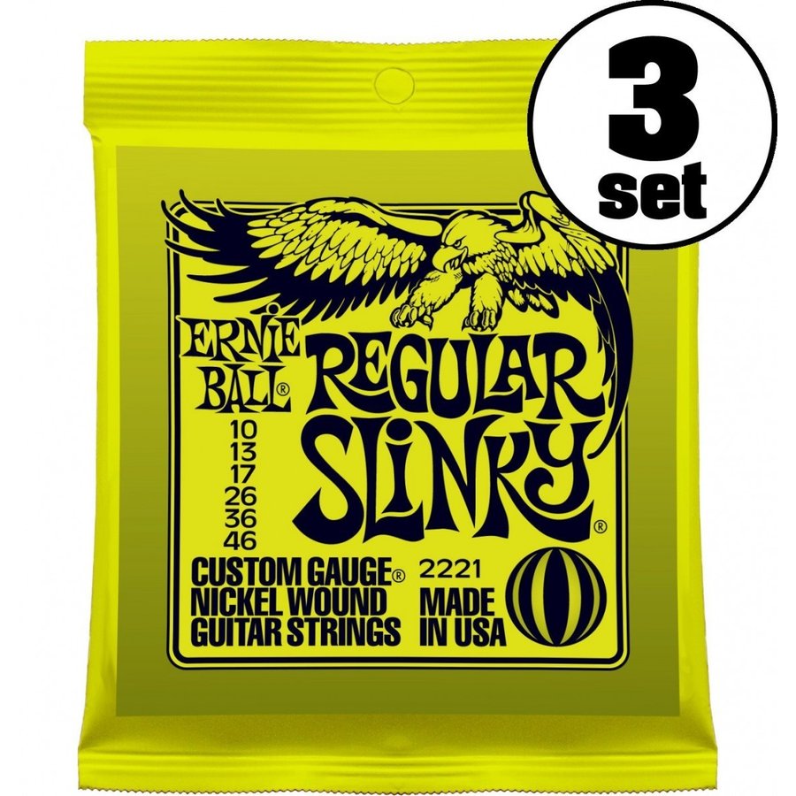 ERNIE BALL エレキギター弦 #2221 REGULAR SLINKY 3SET レギュラー・スリンキー 3セット【送料無料】 アーニーボール 3SET 世界標準のギター弦と言っても過言ではない程、多くのギタリストに愛用されているスリンキー・シリーズは、スズ・メッキ・ヘックス・スティール・コア(六角形をした芯線)にニッケル・メッキ・スティール・ワイアーを巻いたワウンド弦と、高硬度スズ・メッキ・ハイ・カーボン・スティールのプレーン弦を組み合わせたギター弦です。癖がなくバランスのとれたサウンドは、ジャンルを問わず幅広く使用できます。 ※こちらの商品はメール便、もしくは定形外郵便（ポスト投函、配送時の補償なし）にて発送いたします。ご注文受付後、通常は即日〜2営業日以内に発送させていただきます。店頭在庫欠品の場合、お取り寄せとなりますので3〜4営業日以内に発送させていただきます。メーカー欠品中やメーカー長期休みによりお取り寄せに時間がかかる場合はメールにてご連絡差し上げます。 2