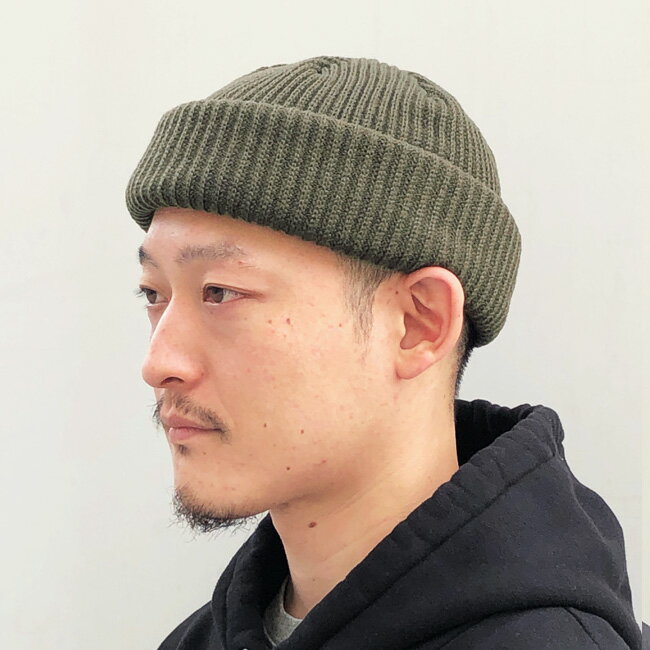 ACRYL BEANIE(MOSS GREEN)SOLID KNIT BEANIE CAP　くるくるビーニー　ワッチキャップ 帽子 無地 アクリル ニット帽 ニットキャップ ブラック/黒