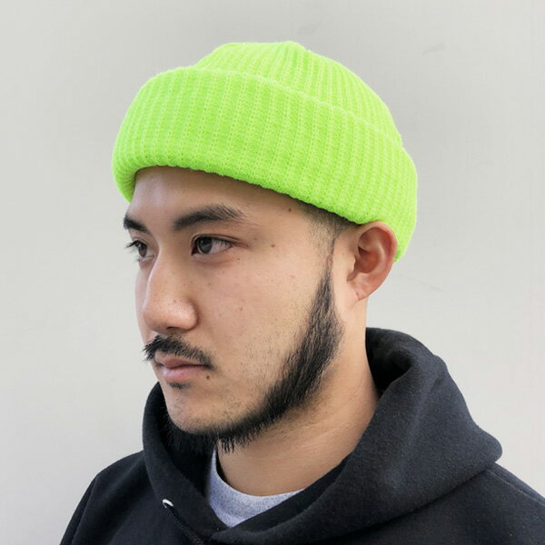 【ADVANCE（アドバンス）】ACRYL BEANIE(NEON YELLOW)SOLID KNIT BEANIE CAP くるくるビーニー ワッチキャップ 帽子 無地 アクリル ニット帽 ニットキャップ ライムイエロー ネオン イエロー 蛍光イエロー