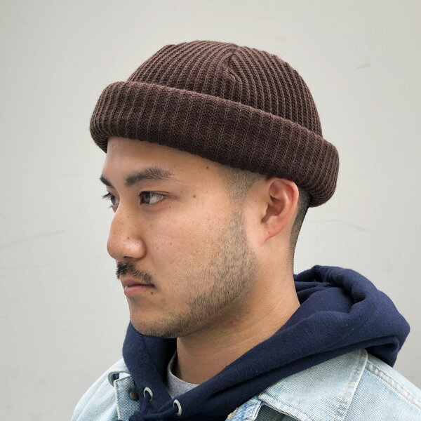 ACRYL BEANIE(BROWN)SOLID KNIT BEANIE CAP　くるくるビーニー ワッチキャップ　帽子 無地 アクリル ニット帽 ニットキャップ ブラウン