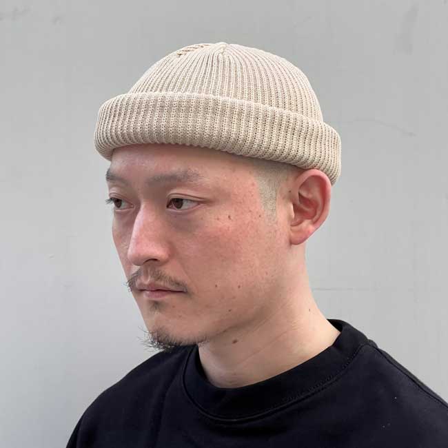 COTTON ACRYL BEANIE(BEIGE)SOLID KNIT BEANIE CAP　くるくるビーニー　ワッチキャップ　帽子 無地 コットン アクリル　ニット帽　ニットキャップ ベージュ