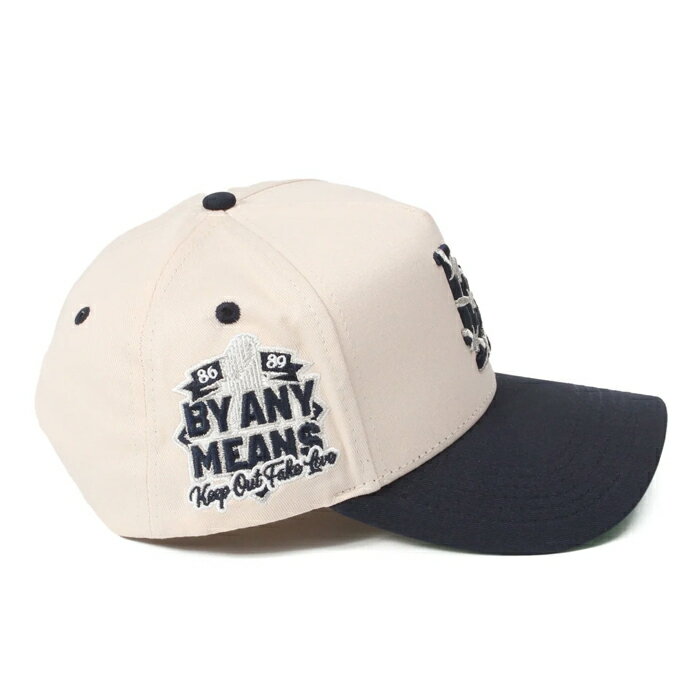 【KEEP OUT FAKE LOVE(キープアウトフェイクラブ）】WORLD FAMOUS LA SNAPBACK(CREAM/NAVY)KOFL　LA　LOS ANGELES　有刺鉄線　スナップバックキャップ　帽子　刺繍