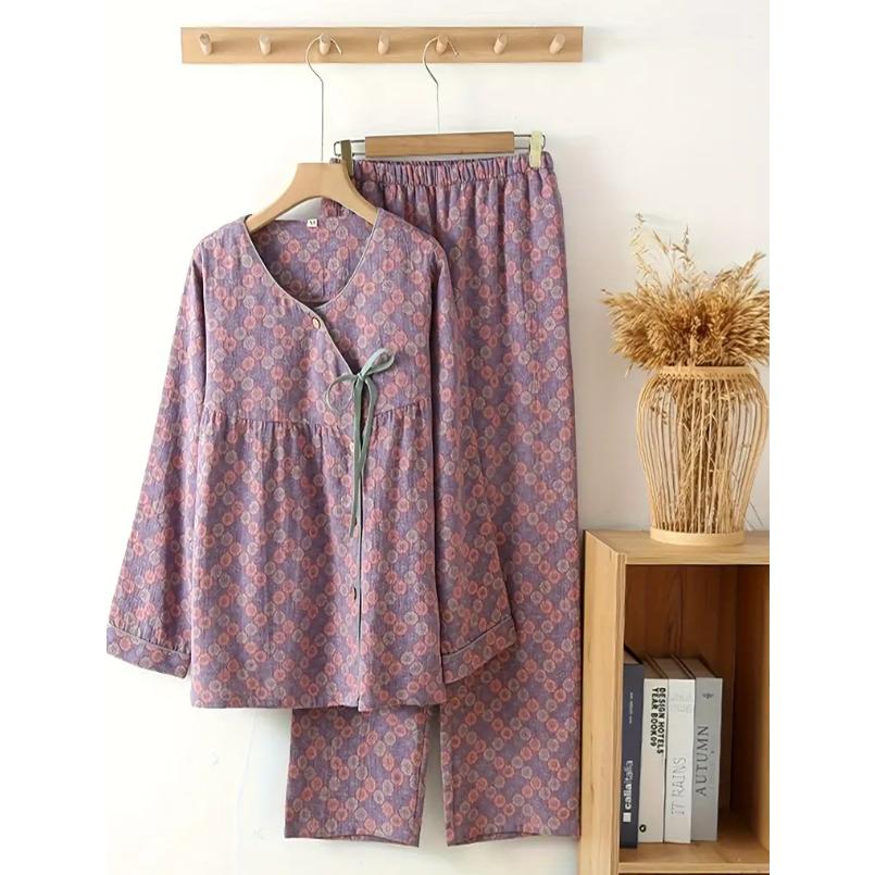【楽天スーパーSALE】2点セット パジャマ レディース 春秋 薄手 ルームウェア 綿 花柄 斜め開き 長袖 長ズボン 上下セット ゆったり 暖かい 可愛い おしゃれ 柔らかい 肌に優しい