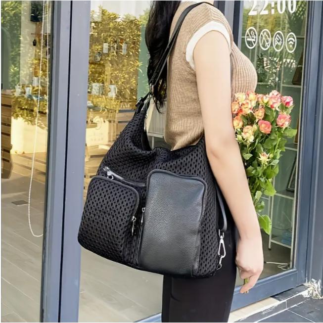 【楽天スーパーSALE】スタイリッシュな大容量ブラックメッシュクロスボディバッグ - 軽量で多機能なショルダー&スリングバッグ、ジッパークロージャー付き、カジュアルな外出に最適