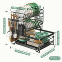 【楽天スーパーSALE】広々とした3段式ブラックメタル&プラスチック製食器乾燥ラック、水切り付き - キッチン整理に最適、皿、カトラリー、カップ&まな板収納可能(4)