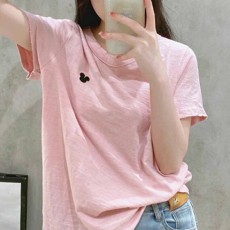 T-シャツ 半袖 レディース 綿 コットン ベージュ トップス 無地Tシャツ シンプル 丸首 クルーネック ゆったり カジュアル きれいめ 体型カバー 二の腕カバー エンブロイダリー 春夏 春 夏 秋高校生 20代 30代 40代