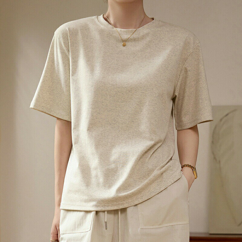 T-シャツ 半袖 レディース 綿 コットン ベージュ トップス 無地Tシャツ シンプル 丸首 クルーネック ゆったり カジュアル きれいめ 体型カバー 二の腕カバー エンブロイダリー 春夏 春 夏 秋高校生 20代 30代 40代