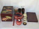 (九月◇特売品)扇面蒔絵 木製溜塗茶箱3点と 平安 中村能久作 扇面振出・巾筒と 特上茶杓と 錦生窯 本多順一作 桐茶碗と 三点仕覆付フルセット〔税込・送料込〕...