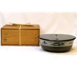 【三月の特売品】膳所焼 陽炎園 岩崎新定作 近江八景 平水指 遠州七窯 塗割蓋 茶道具【中古 美品】