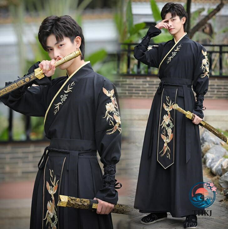 【全品2点で5%OFF】チャイナ服 中華コスプレ衣装 メンズ漢服 男性 大人中華服 唐装 上下セットアップ おしゃれ チャイナ衣装 黒に金フェニックス刺しゅう 中国古代伝統漢服 武術服 カンフー衣装 華流舞台ステージ 撮影衣装 華やか 華服 美少年 ハロウィンコスプレ 仮装 変装