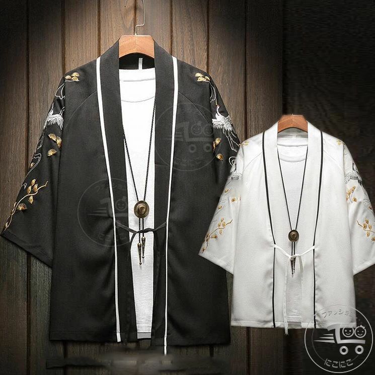 着物風シャツ 羽織 メンズ/レディースカーディガン 甚平和式綿麻 和風カップル羽織 浴衣アウター 鶴刺繍 7分袖 和風 浴衣風アウター チャイナ風ブラウス カジ...