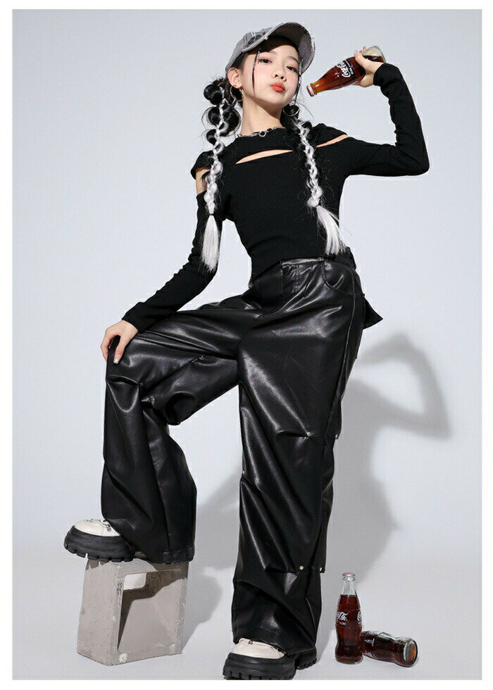 キッズ ダンス衣装 女の子 セットアップ おしゃれ 黒Tシャツ PUパンツ キッズ ダンスウェア 舞台 団体服 演出服