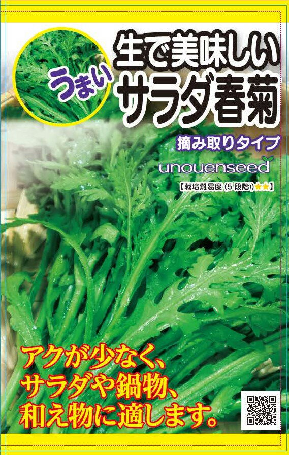 種　しゅんぎく　種子　春・秋まき　野菜　タネ　摘みとりタイプ　中葉春菊　マイルドな香り　やわらかい　生でサラダ　美味しい　病気に強い　家庭菜園　宇都宮農園　たね