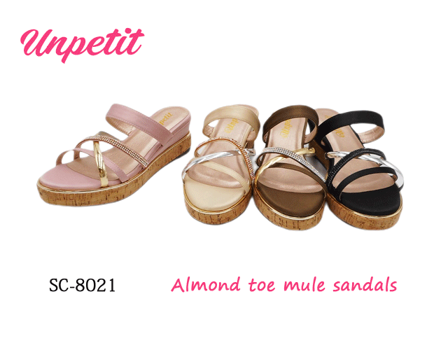 【訳アリSALE】アンペティット unpetit アーモンドトゥ ウエッジ ミュール サンダル コルク 金 銀 ラインストーン 上品 高級感 お出かけ デイリー 軽量 黒 ブラック PINK ピンク S M L LL