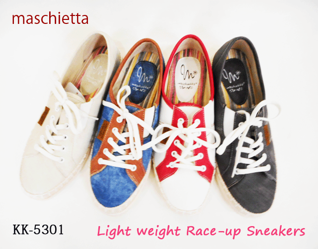 楽天unpetit【SALE】maschietta レースアップ スニーカー 軽量 屈曲 柔らかい フラット KK5301 ホワイト レッド デニム ブラウン アイボリー グレー 22.5 23.0 23.5 24.0 24.5　レディース