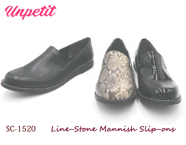 【訳アリSALE】アンペティット unpetit オジ靴 ラインストーン スリッポン オシャレ クッション オニグリ マニッシュ SC1520 ブラック エナメル S M L LL