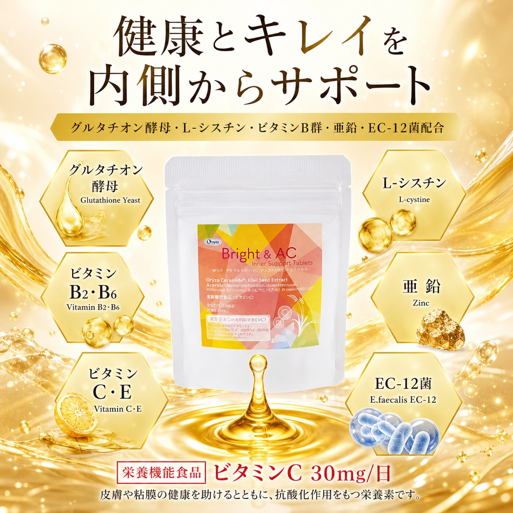 インナーサポートタブレット Bright & AC 60粒 美容サプリ インナーケア 飲む美容 オリザセラミド キウイ種子 アグアヘ ツバメの巣 ビタミンC 亜鉛 EC-12菌 栄養機能食品 国内GMP 日本製 送料無料 ギフト プレゼント 運龍堂 unryudo-10000156 運龍堂 楽天市場店 サンプル画像3