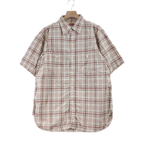68&BROTHERS シックスティエイトアンドブラザーズ 半袖 チェック ワークシャツ L オフホワイト オレンジ 【中古】
