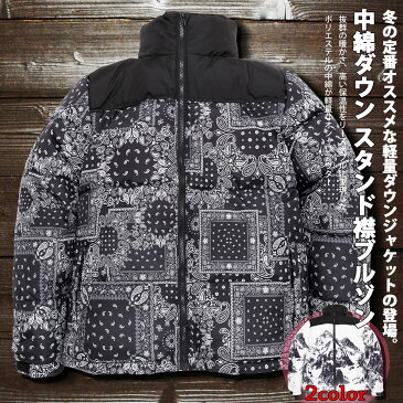 ペイズリー柄 & 雪山プリント 中綿ダウン スタンド襟ブルゾン 防寒 メンズ アウター