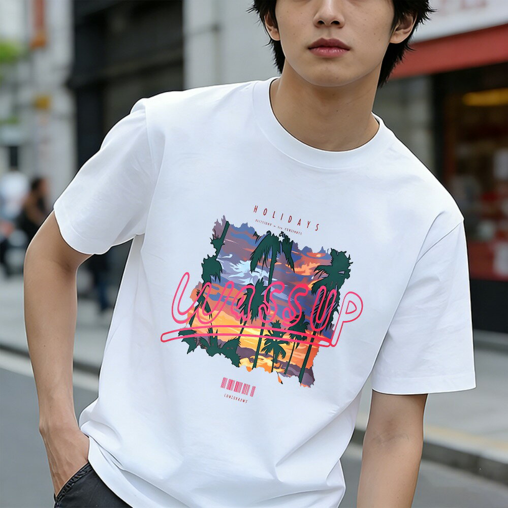 Rakuten - Tシャツ メンズ 半袖 100％コットン トロピカルサンセットパームツリーピンクテキスト スタイル グラフィックプリント おもしろいTシャツ カジュアルTシャツ ティーシャツ 春 夏 男子 中学生 通気性 速乾 吸汗発散 丸首 アウトドア ストレッチ ギフト プレゼント