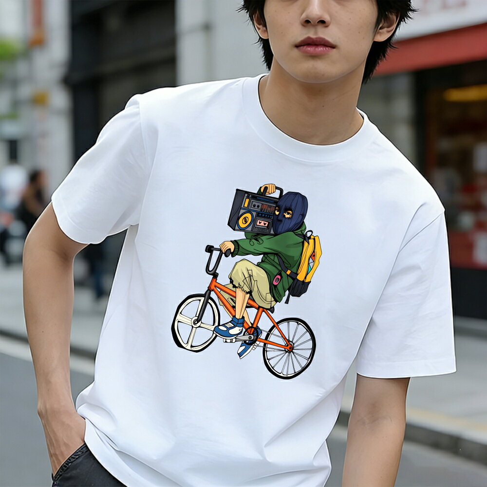Rakuten - Tシャツ メンズ 半袖 100％コットン ブームボックスバックパックを背負った自転車乗り グラフィックプリント おもしろいTシャツ カジュアルTシャツ ティーシャツ 春 夏 男子 中学生 通気性 速乾 吸汗発散 丸首 アウトドア ストレッチ ギフト プレゼント