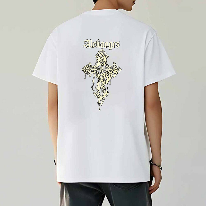 Rakuten - Tシャツ メンズ 半袖 バックプリントtシャツ 100%コットン ゴシックスタイルのクロスデザイン グラフィックプリント おもしろいTシャツ プリントTシャツ ティーシャツ 綿 春 夏 男子 中学生 通気性 速乾 吸汗発散 丸首 ストレッチ ギフト プレゼント