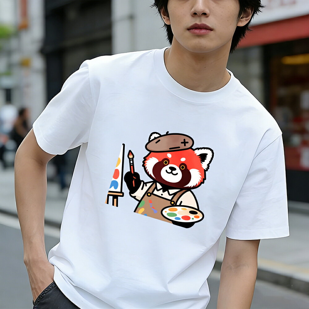 Rakuten - Tシャツ メンズ 半袖 100％コットン レッドパンダ アーティスト ペインティング パレット グラフィックプリント おもしろいTシャツ カジュアルTシャツ ティーシャツ 春 夏 男子 中学生 通気性 速乾 吸汗発散 丸首 アウトドア ストレッチ ギフト プレゼント