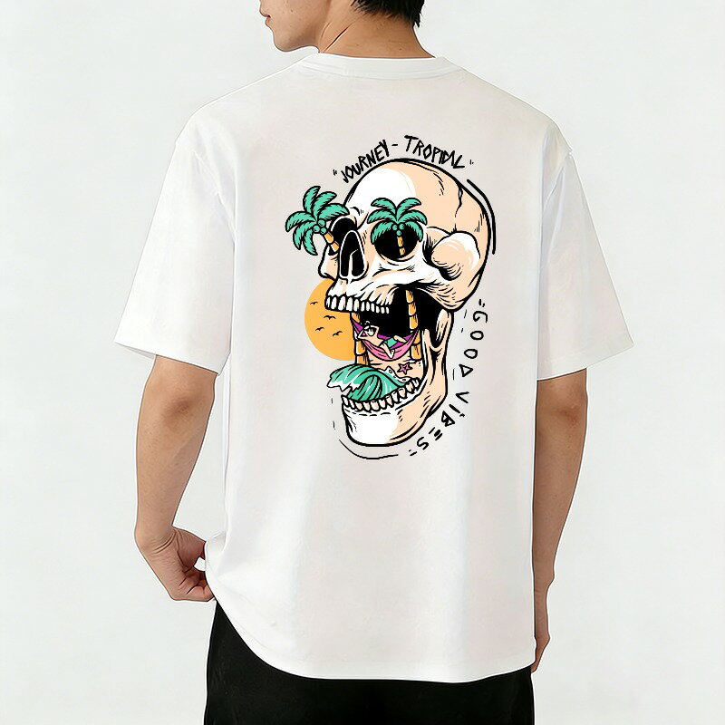 樂天商城 - Tシャツ メンズ ティーシャツ おもしろいTシャツ コットンtシャツ 100％コットン 半袖 髑髏&ビーチの設計 アメカジ グラフィックTシャツ バックプリントtシャツ ユニセックス 綿 春 夏 春服 夏服 中学生男子 通気性 速乾 吸汗発散 丸首 ストレッチ