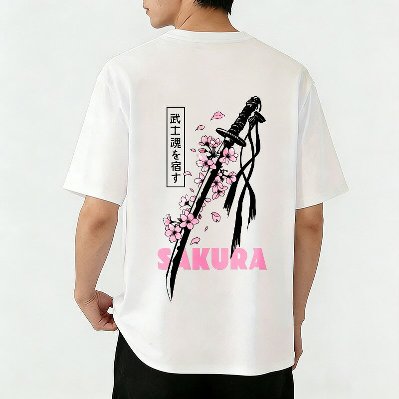 樂天商城 - Tシャツ メンズ ティーシャツ おもしろいTシャツ コットンtシャツ 100％コットン 半袖 桜＆侍 武士の刀 グラフィックTシャツ バックプリントtシャツ ユニセックス 綿 春 夏 春服 夏服 中学生男子 通気性 速乾 吸汗発散 丸首 ストレッチ