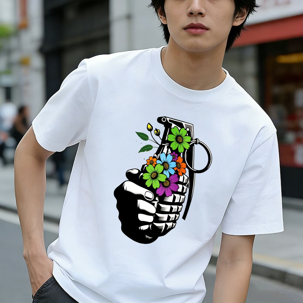 Rakuten - 反戦Tシャツ メンズ Tシャツ プリントTシャツ ティーシャツ 100％コットン 綿 半袖 手投げ弾&花のデザイン 反戦争 戦争を止めよう ピースTシャツ グラフィックプリント 春 夏 男子 中学生 通気性 速乾 吸汗発散 丸首 ストレッチ ギフト プレゼント