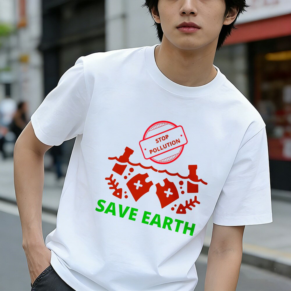 樂天商城 - Tシャツ メンズ プリントTシャツ ティーシャツ 100％コットン 綿 半袖 地球の日 アースデイ 環境保護 汚染を止める 4月22日 グラフィックプリント 春 夏 男子 中学生 通気性 速乾 吸汗発散 丸首 ストレッチ ギフト プレゼント