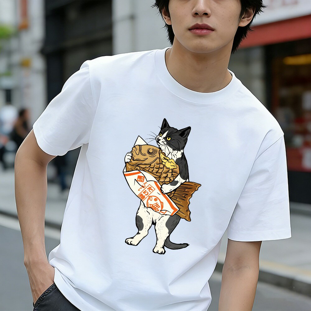 樂天商城 - Tシャツ メンズ グラフィックプリント プリントTシャツ ティーシャツ 100％コットン 綿 ネコ＆鯛焼きのデザイン おもしろいTシャツ カジュアルTシャツ 春 夏 男子 中学生 通気性 速乾 吸汗発散 丸首 ストレッチ ギフト プレゼント