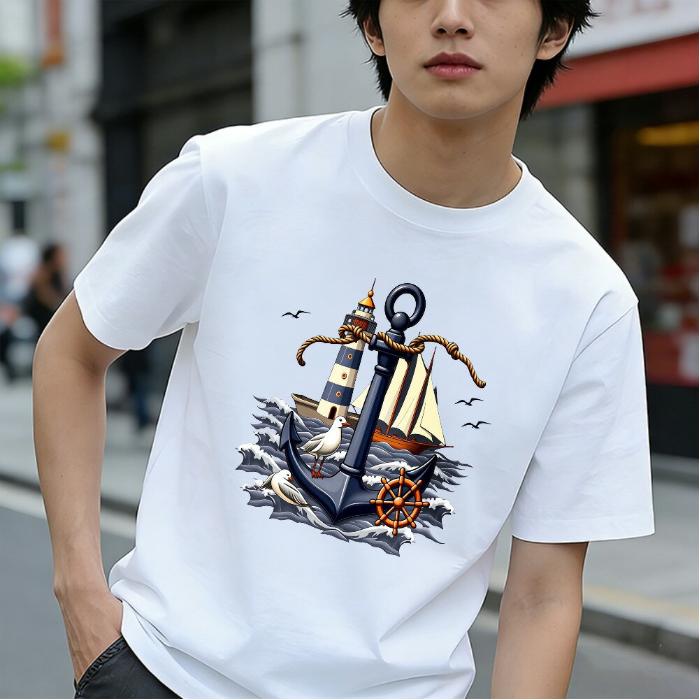 樂天商城 - Tシャツ メンズ グラフィックプリント 100％コットン 海 錨 カモメ プリントTシャツ ティーシャツ 綿 おもしろいTシャツ カジュアルTシャツ 春 夏 男子 中学生 通気性 速乾 吸汗発散 丸首 ストレッチ ギフト プレゼント