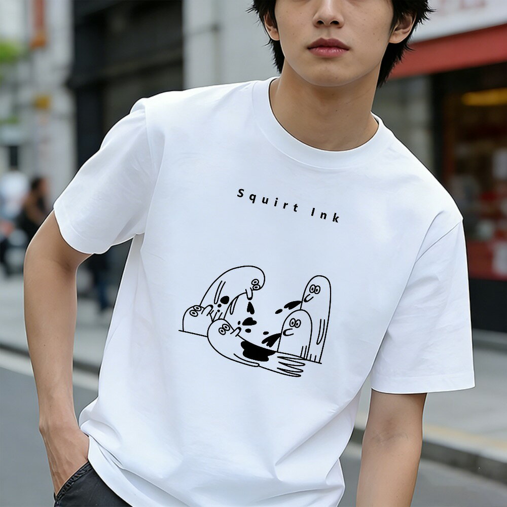 樂天商城 - Tシャツ メンズ 半袖 グラフィックプリント 100％コットン インクを吹く カートゥーン イカ柄 おもしろいTシャツ カジュアルTシャツ ティーシャツ 春 夏 男子 中学生 通気性 速乾 吸汗発散 丸首 アウトドア ストレッチ ギフト プレゼント