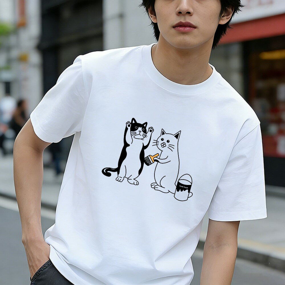 樂天商城 - Tシャツ メンズ 半袖 グラフィックプリント 100％コットン 猫の絵 猫の模様 猫柄 おもしろいTシャツ カジュアルTシャツ ティーシャツ 春 夏 男子 中学生 通気性 速乾 吸汗発散 丸首 アウトドア ストレッチ ギフト プレゼント