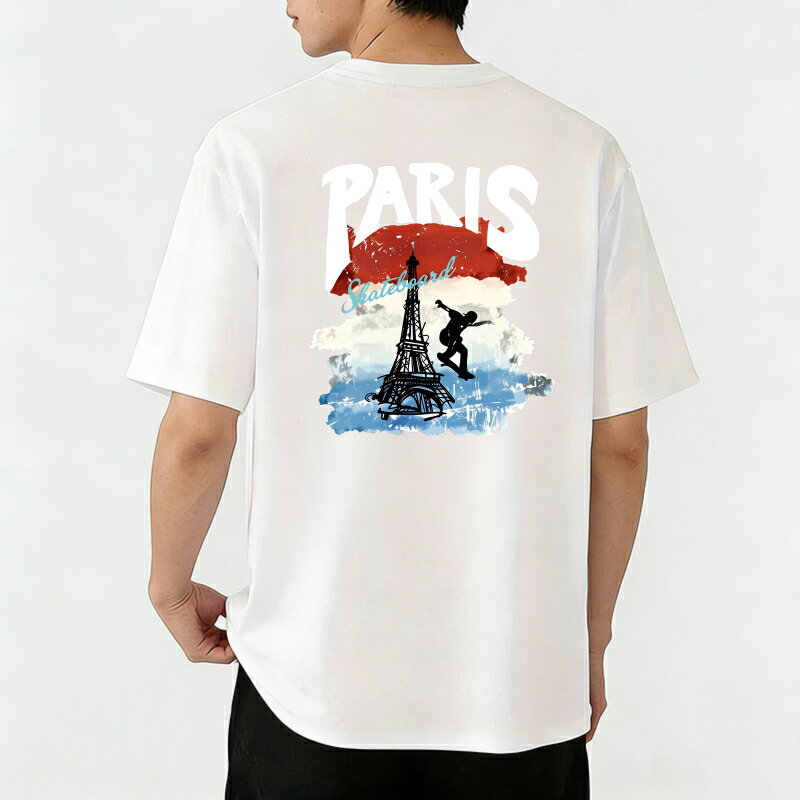 樂天商城 - Tシャツ メンズ 半袖 バックプリントtシャツ 100％コットン パリ スケートボード エッフェル塔 アート カジュアルTシャツ グラフィックプリント ティーシャツ 綿 春 夏 男子 中学生 通気性 速乾 吸汗発散 丸首 ストレッチ ギフト プレゼント